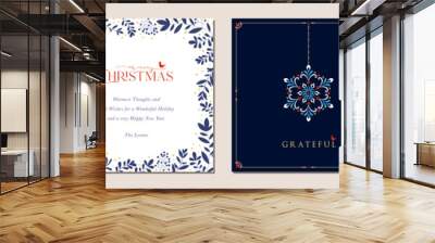 Merry and Bright Square Holiday cards. Christmas, Holiday templates with decorative Christmas ornament, snowflakes, Christmas tree, reindeers, birds, floral background, frames with greetings. Wall mural