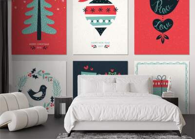 Merry Christmas and Happy New Year greeting cards set. Wall mural