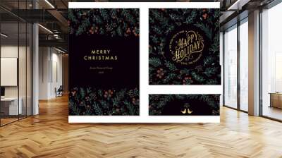 Ornate Merry Christmas and Happy Holidays cards with branches, berries, birds, floral frames and backgrounds design.  Wall mural