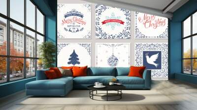 Ornate square winter holidays greeting cards with New Year tree, reindeers, Christmas ornaments, Peace Dove, snowflake, typographic design, swirl and floral frames. Wall mural