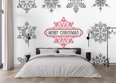 Ornate vector snowflakes with Christmas label. Wall mural