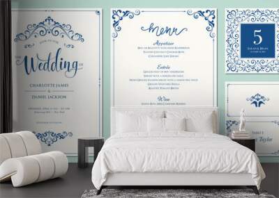 Ornate wedding invitation, table number, menu and place card. Swirl floral templates. Classic vintage design. Wall mural