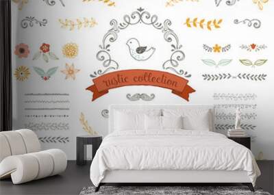 Rustic fall collection. Floral doodles, branches, flowers, birds, laurels, banners and frames.  Wall mural