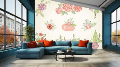 Rustic floral design elements. Hand drawn compositions with decorative flowers, leaves and branches.  Wall mural