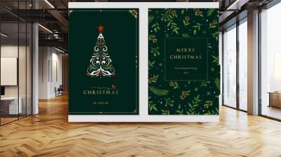 Traditional Corporate Holiday cards with Christmas tree, reindeers, birds, ornate floral frames, background and copy space. Universal artistic templates. Wall mural