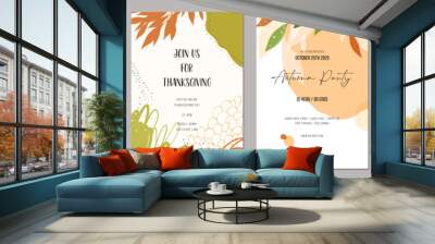 Trendy abstract templates in warm colors, perfect for fall wedding, birthday and thanksgiving invitations, menus and baby showers. Vector illustration with leaves, floral and geometric elements. Wall mural