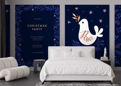 Winter Holiday cards with Christmas tree and Dove, birds, floral modern frame, background and copy space. Universal artistic templates. Wall mural