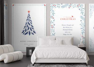 Winter Holiday cards. Universal Abstract Christmas templates with decorative Christmas Tree, reindeers, ornate floral background and frame with copy space, birds and greetings. Wall mural