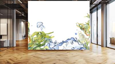 Board of green sea plant watercolor illustration isolated on white background. Laminaria, brown kelp, helpful seaweed hand drawn. Design element for package, label, advertising, banner, signboard Wall mural