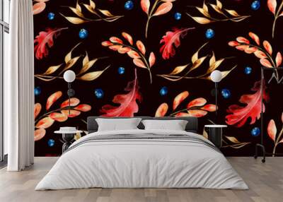 Bright autumn red leaves and spikelet watercolor seamless pattern on dark. Wall mural