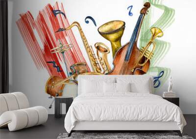 Composition of jazz musical instruments, signs and paint stroke watercolor illustration isolated. Saxophone, drums, notes hand drawn. Design element for flyer, concert events, brochure, poster, print Wall mural