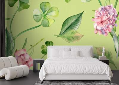 Pink hydrangea, clover and leaves watercolor on repeat background isolated. Floral seamless pattern with spring flowers and herbs painted. Botanical art design for home textile, Happy Easter Wall mural