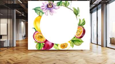 Wreath of tropical fruits and flower watercolor illustration isolated on white background. Wall mural