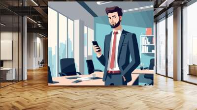 Young Business Professional Using Smartphone in Modern Office Wall mural