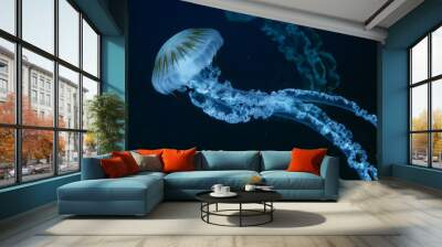 Jellifish South american sea nettle, Chrysaora plocamia swimming in dark water of aquarium tank with blue neon light. Aquatic organism, animal, undersea life, biodiversity Wall mural