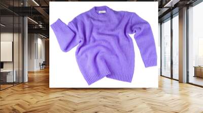 Purple flying crumpled women's autumn knitted sweater isolated on white, transparent background. Creative clothing concept, trendy cozy creasy jersey pullover. Fashion, sale, autumn discount Wall mural