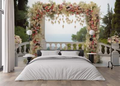 Wedding ceremonial arch decorated with white flowers, sea background. AI generated. Wall mural