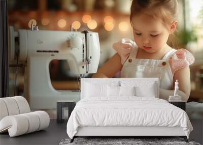 6 years old child studying work with sewing machine. Little girl carefully working with modern sewing machine. Hand made clothes concept. Hobby for children. Girl practicing to sew Wall mural