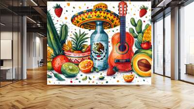 Cinco de Mayo - May 5, federal holiday in Mexico. Fiesta banner and poster design with leaves, guitar, food, flowers, hat, decorations, holiday poster, banner, greeting card Wall mural