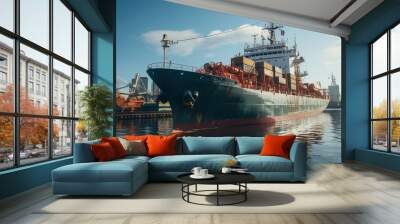 Close up photo of container cargo ship in sea port. Well-lit day time, sunlighting Wall mural