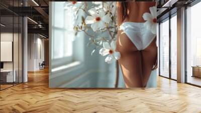 Healthy Legs. Women health and intimate hygiene. Beautiful Woman's body with smooth soft skin with flowers. Long woman legs on white with flowers. Skincare. Depilation. Epilation. Female health Care. Wall mural