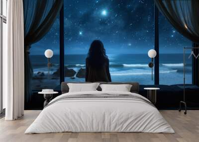 Illustration of A young girl looking out of the window, at fairy beautiful sea and night sky with stars, imagination and dream concep. Poster, postcard. Wall mural