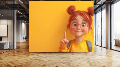 Portrait of little girl with ginger hair with thumbs up finger. Laughter and joy, smile and calmness. School girl on yellow background. Baner, logo, poster. Back to school Wall mural