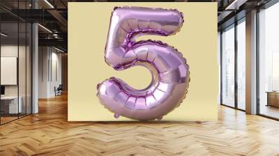 Violet metallic number 5 five made of inflatable balloon on yellow background Wall mural