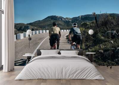 Two cyclists training on Vall d'Ebo pass.Cycling in the spanish mountains.Cyclists in helmets and cycling wear conquer Vall d'Ebo pass.Sport motivation.Cycling professional group ride.Beautiful view. Wall mural