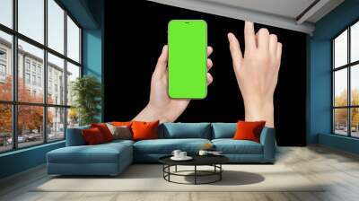 A woman's hand holds a phone chromakey Mockup and the second hand with a finger presses a button or scrolls. Isolated on black background close up Wall mural