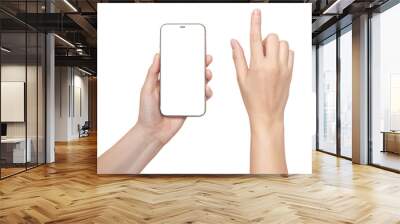 A woman's hand holds a phone  Mockup and the second hand with a finger presses a button or scrolls. Isolated on white background Wall mural