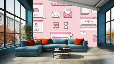 18 Retro UI elements. Old retro PC screen in the y2k style. Retro wave and vaporwave elements. Pink retro vintage computer interface. Wall mural