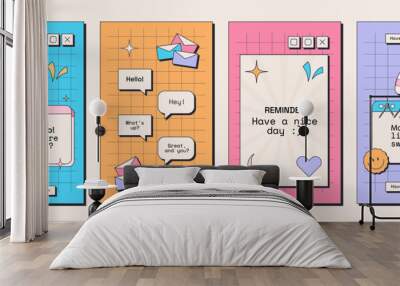 Set of 4 trendy posters in old computer style. Retro user interface elements. 80s and 90s esthetics. Purple, pink, yellow, blue colors. Funny y2k stickers. Wall mural