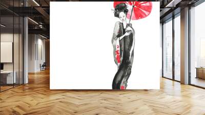 geisha, women in traditional clothing. chinese style, watercolor hand painting illustration Wall mural