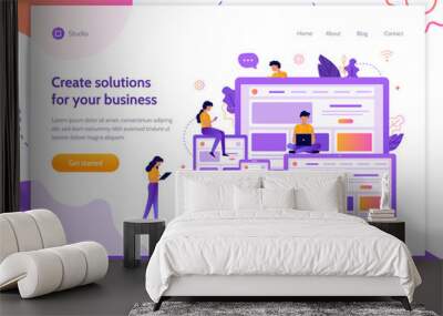 Create solutions for your business. Web banner design template. Web development. Flat vector illustration. Wall mural