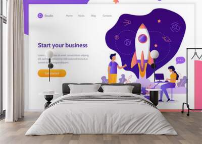 Launch of a new business project. Web banner design template. Startup concept. Teamwork and development. Flat vector illustration.  Wall mural