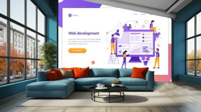 Modern vector illustration concept. The team of web developers constructs a personal user account or admin panel for the website. Website development. Flat vector banner. Wall mural