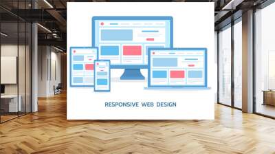 Responsive web design. The website is open on computer, laptop, tablet and smartphone. Flat vector illustration. Wall mural