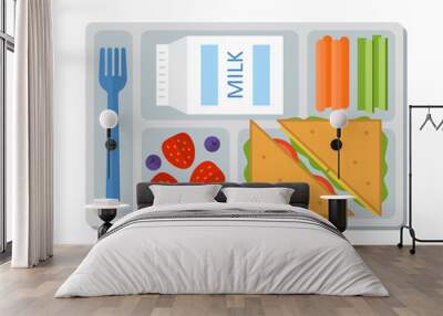 School lunch with a sandwich, fresh berries, vegetables and milk. Flat style. Vector illustration. Wall mural