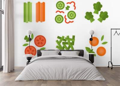 Set vegetable garnish of tomato, cucumber, greens, asparagus, carrots, onions, peas, green beans, broccoli, bell pepper basil Vector illustration for your design flat style Wall mural