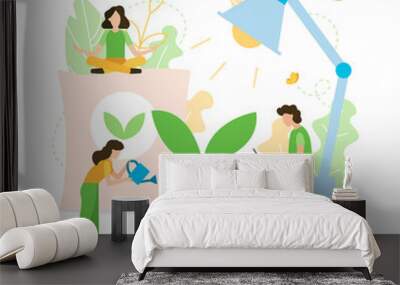 Small people grow sprout. Water, light and take care of it. Ecology concept. Flat vector illustration. Wall mural