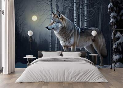 A gray wolf in a winter forest. Gray wolf in the winter forest at night. Moon in the background. Digital artwork Wall mural