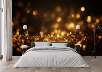 Abstract luxury gold background with gold particle. glitter vintage lights background. Christmas Golden light shine particles bokeh on dark background. Gold foil texture. Holiday concept Wall mural