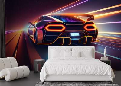 Car rushes highway a night track with colorful lights. Car lights night. Post-processed generative AI	
 Wall mural