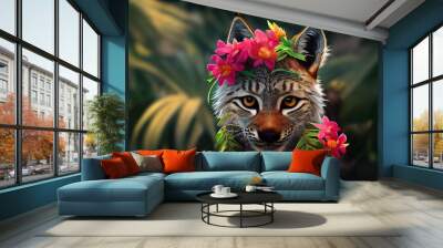 cute realistic lynx on tropical jungle full of exotic flowers and leaves. Amazing tropical floral pattern for print, web, greeting cards, wallpapers, wrappers. 3d illustration Wall mural