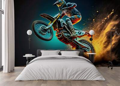 Dirt bike rider doing a big jump. Supercross, motocross, high speed. Sport concept. Digital art	
 Wall mural