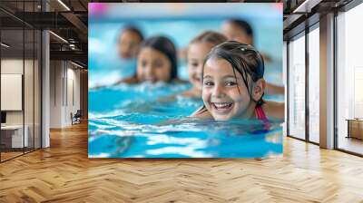 Diverse young children enjoying swimming lessons in pool, learning water safety skills, showing joy and camaraderie, representing a healthy lifestyle.	
 Wall mural