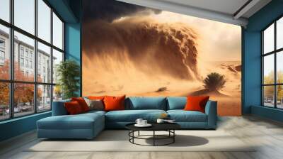 Dramatic sand storm in desert, thunderstorm, lightning. Abstract background. Digital art.	 Wall mural