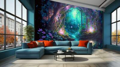 Fantasy and fairytale magical forest with purple and cyan light lighting pathway. Digital painting landscape.	
 Wall mural