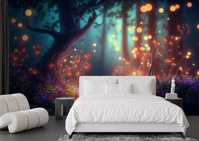 Fantasy fairy tale background with forest and blooming path. Fabulous fairytale outdoor garden and moonlight background.  Wall mural